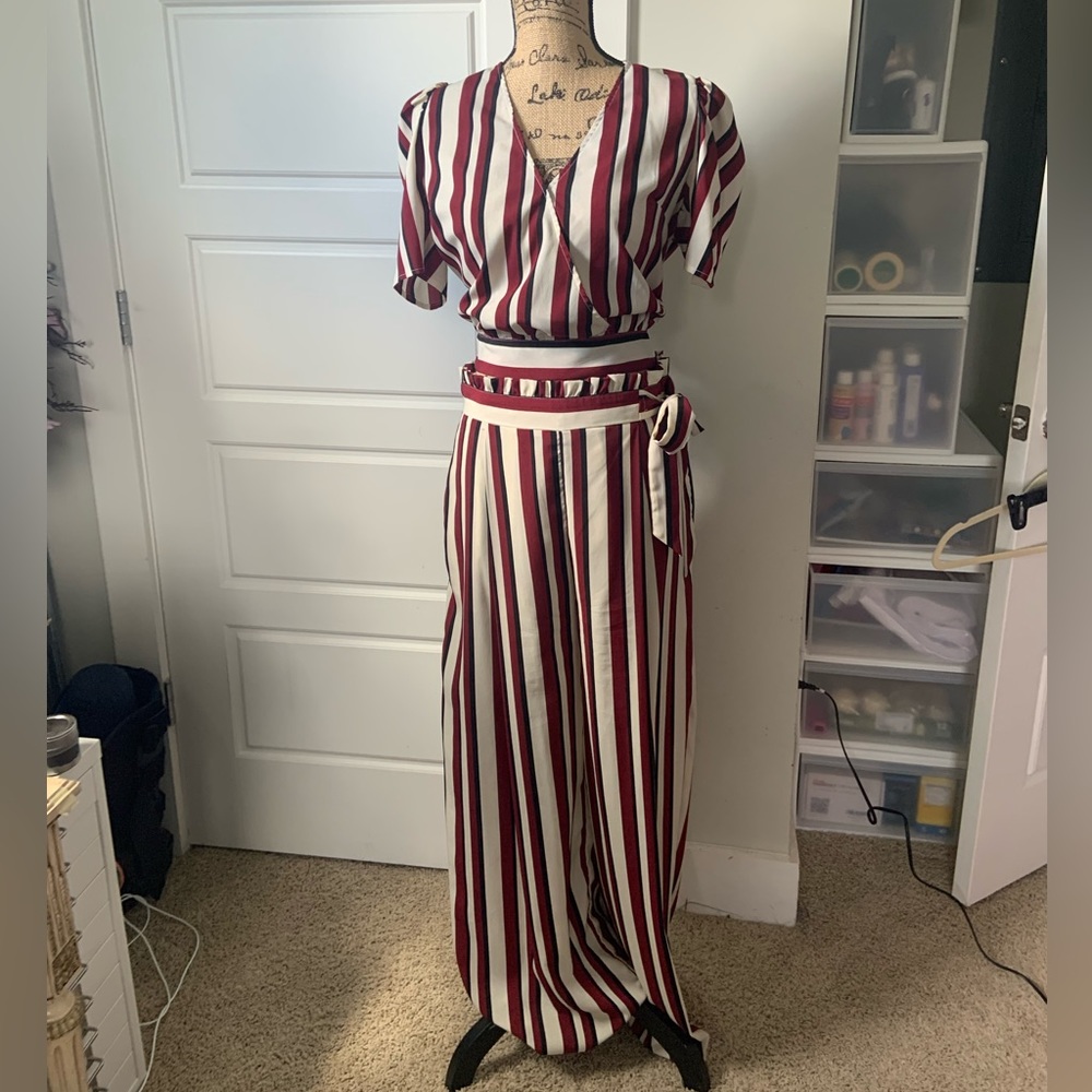 Red and Cream Striped Pant Set with Tie Back Top